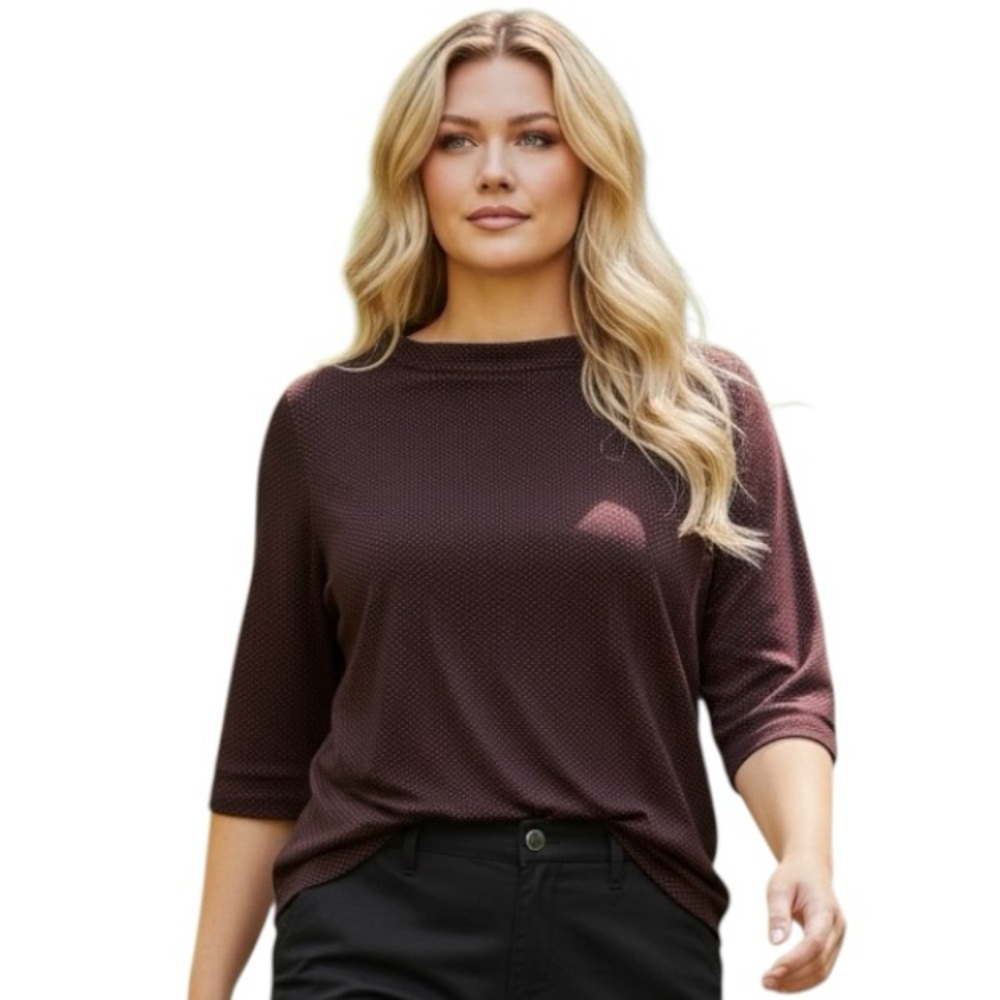 Plus Size Talbots Plum Textured 3/4-Sleeve Top Black with Red Polka Dots 2X
